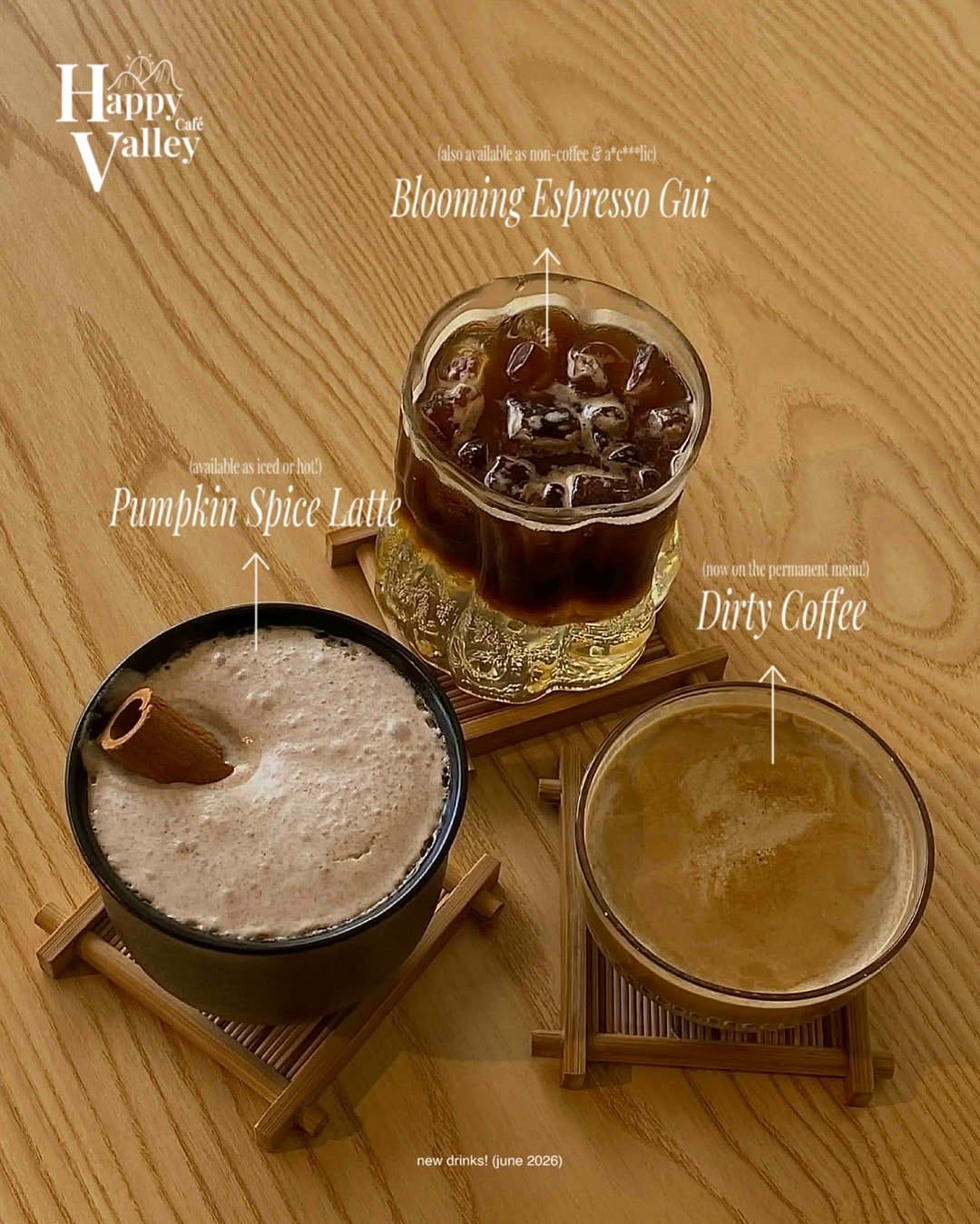 New June 2026 drinks: Pumpkin Spice Latte, Blooming Espresso Gui, and Dirty Coffee