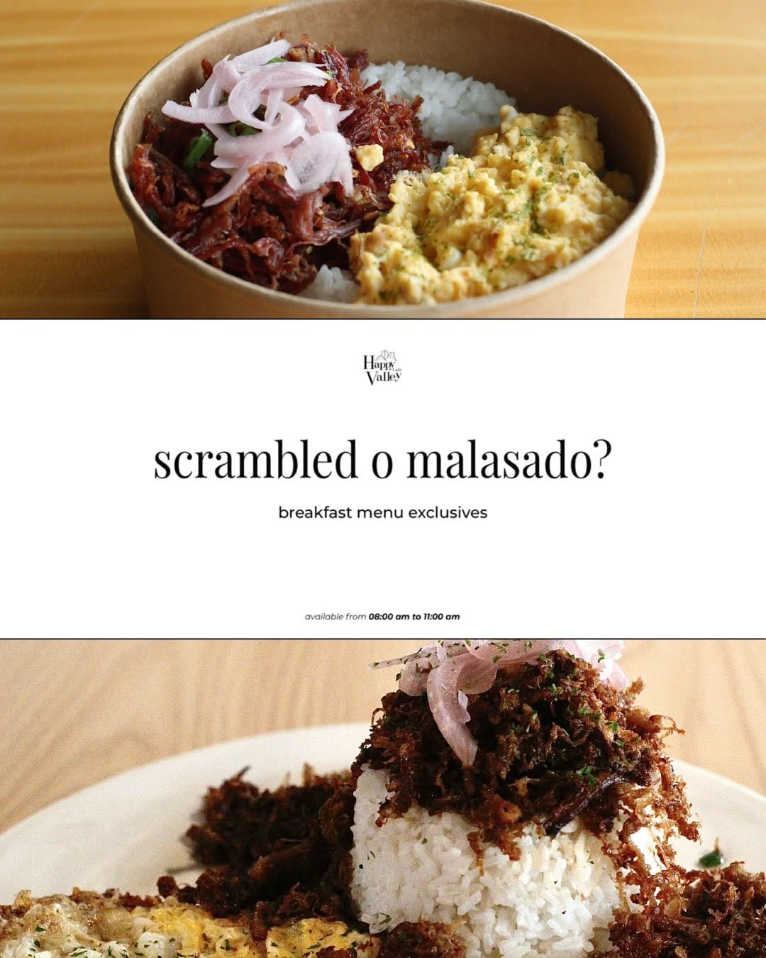 Breakfast corned beef plate — sunny-side up egg with pickled onions and rice on a white plate