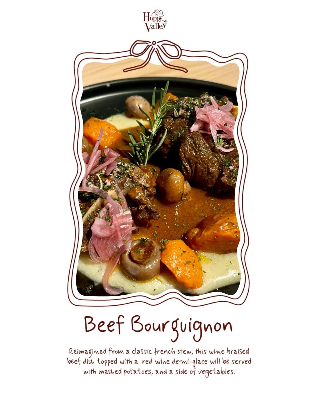Beef Bourguignon — reimagined French stew with wine-braised beef, mushrooms, and mashed potatoes